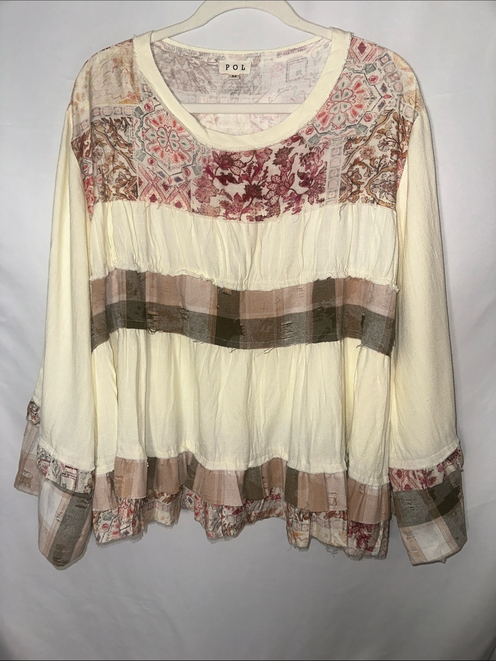 POL Cream Boho Patchwork Long-Sleeve Tunic with Pink and Brown Accents